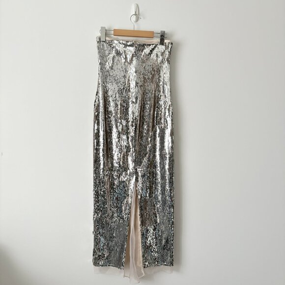 Zara Sequin Festive Strapless Midi Dress Organza Silver Metallic Size Small - Picture 11 of 13